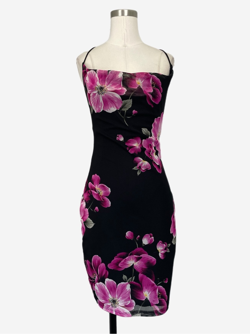 Vintage Y2K Charlotte Russe Black pink floral mesh cowl neck slip mini dress S